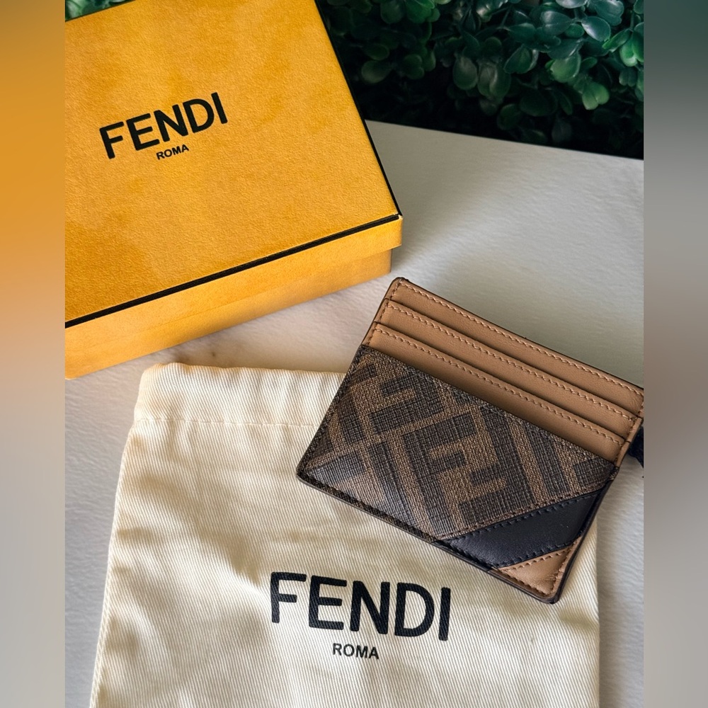 Fendi Monogram Leather Card Holder in Brown/Tan